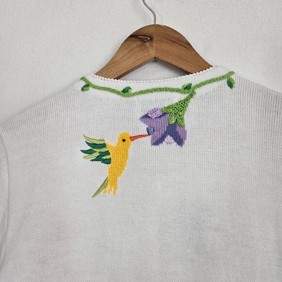 Quacker Factory Cardigan Sweater sz L White Multi Hummingbird Flowers Sequins - Picture 10 of 16